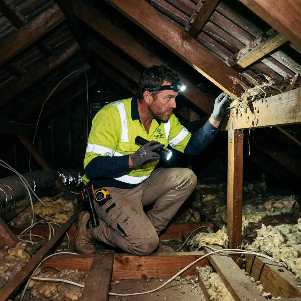 Technician inspecting a roof cavity for a dead animal in Clarkes Hill
